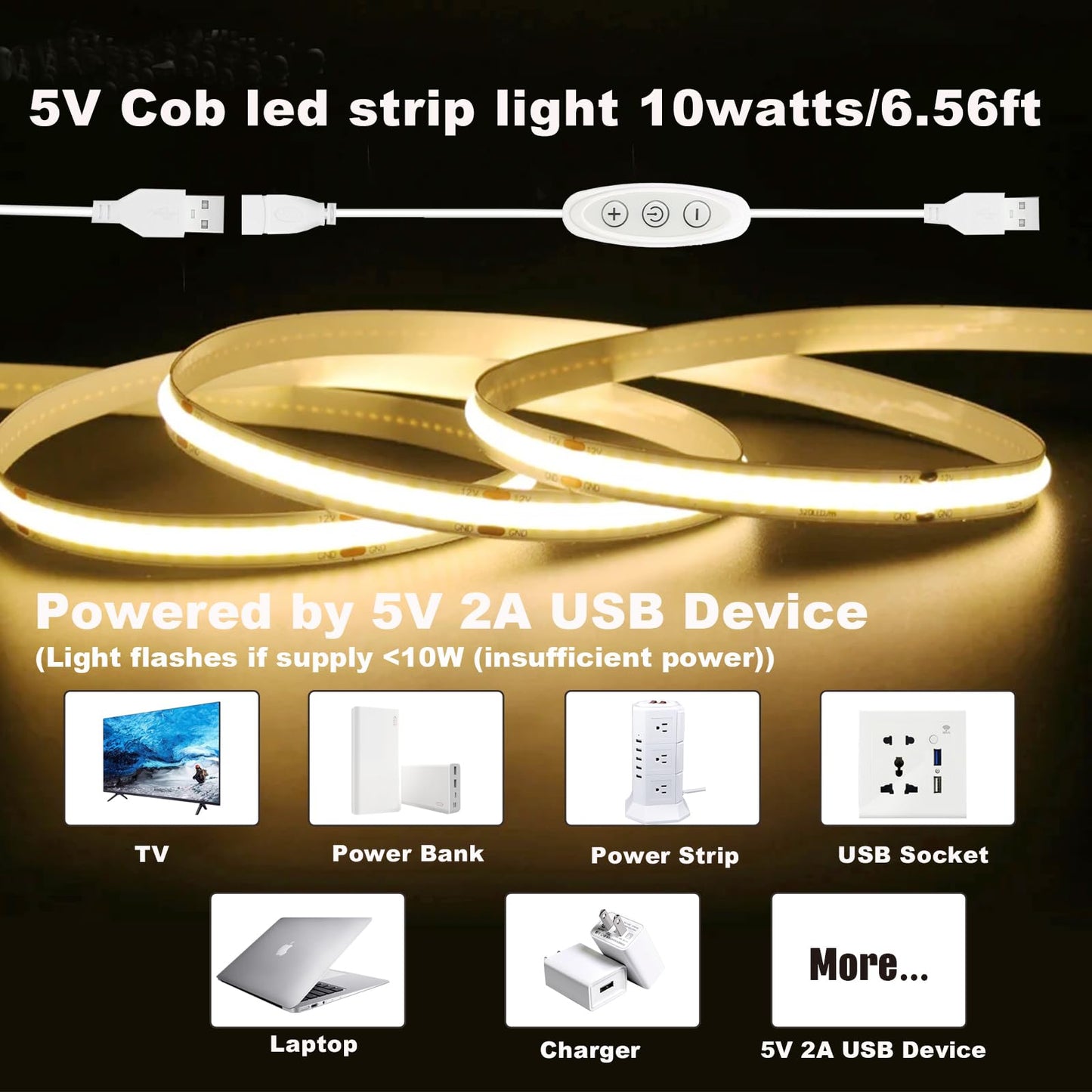 Gxilee Usb Light Strip - Warm White 3000K, 6Ft Cob Led With Dimmer, Model G-3000K-5V2M, Ideal For Tv & Indoor Diy
