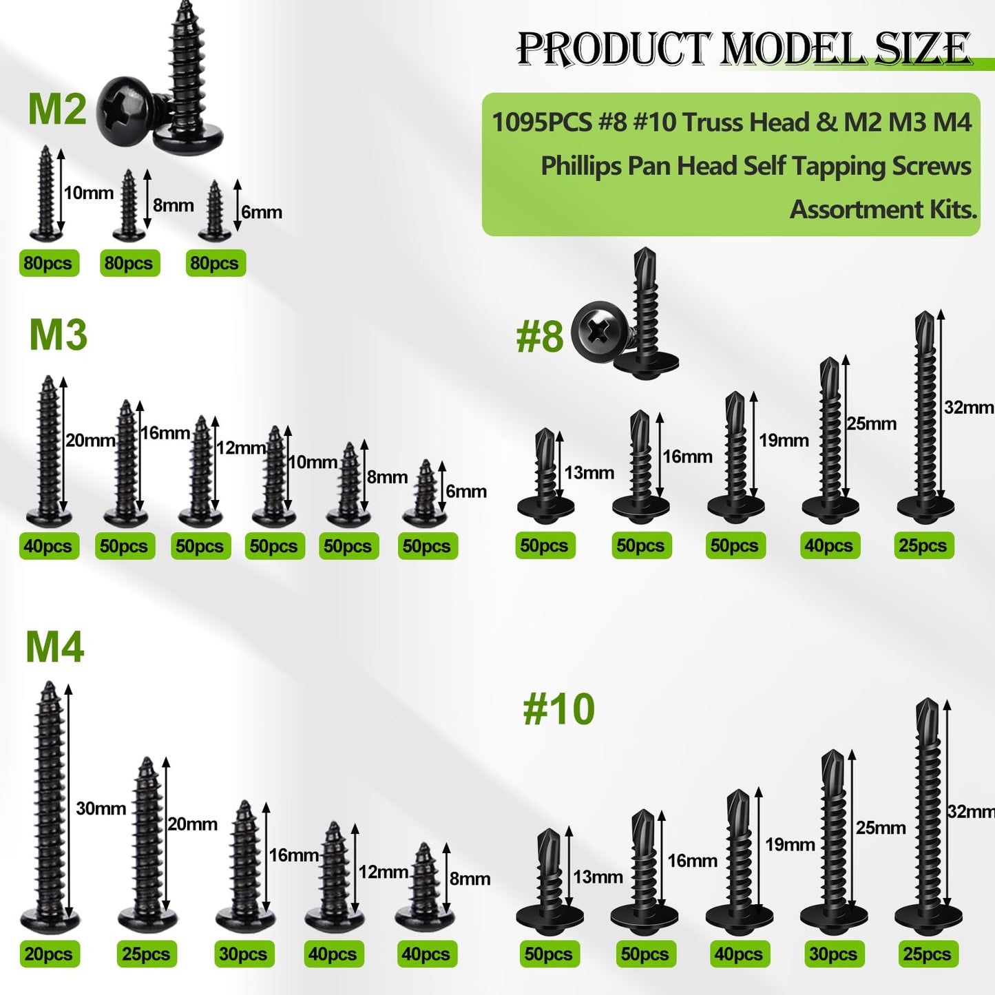 mxuteuk 1095PCS Self Tapping Screws for Metal, #8#10 410 Stainless Steel Truss Head Self Drilling Screws and M2 M3 M4 Carbon Steel Phillips Pan Head Self Tapping Screws for Plastic,Wood