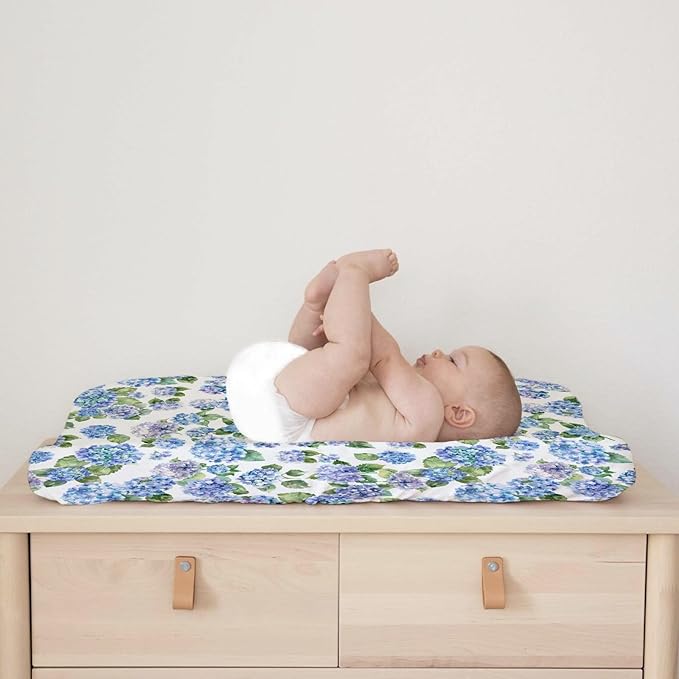 Blue Hydrangea Floral Changing Pad Covers Watercolor Flowers Painting Baby Changing Table Sheets for Boys Girls Wild Floral Soft Breathable Stretchy Fitted Diaper Change Table Pad Mats 32''x16''