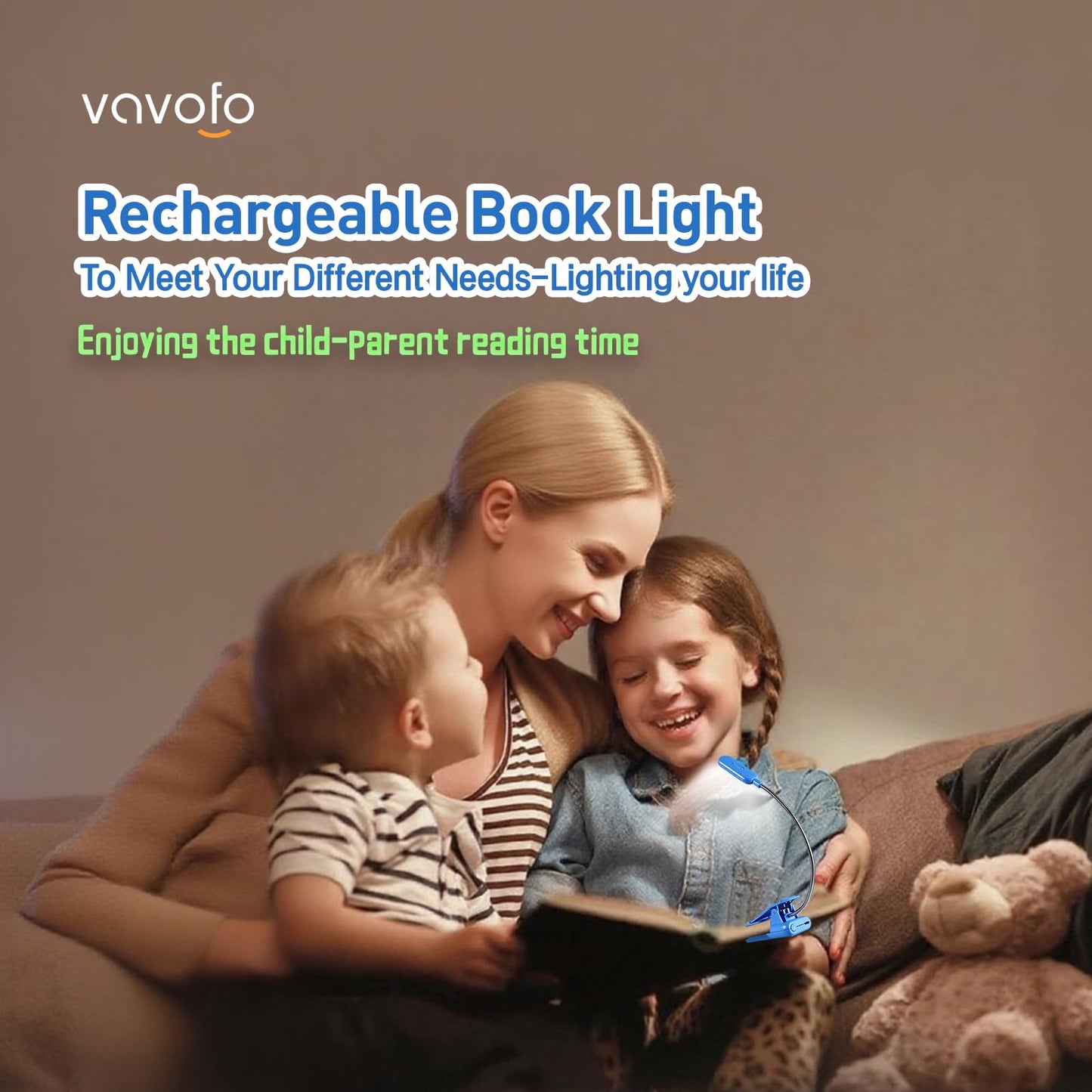 VAVOFO Rechargeable Book Light, 7 LED, 9-Level Warm Cool White, Eye Care, Model KM-6720, Blue Lotus