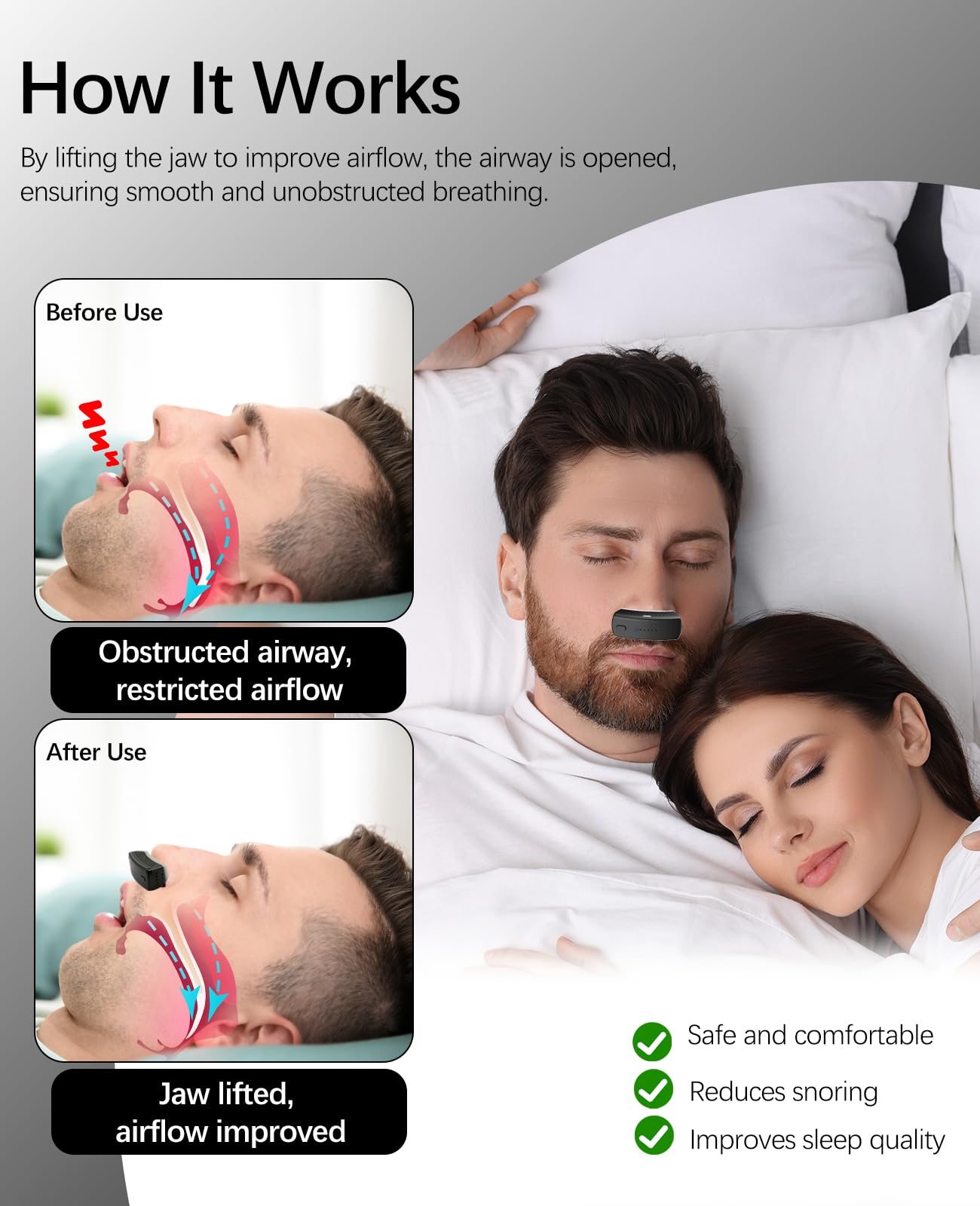 Anti Snoring Devices, Electric Snoring Solution with Adjustable Security Strap, Adjustable 6-Speed, Universal Fit for All Nose Shapes, Portable Sleep Apnea Devices for Men & Women (Charcoal Black)