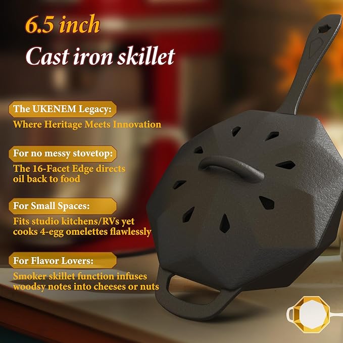 Cast Iron Skillet with Lid, Mini Cast Iron Smoker Skillets & Egg Pan with Assist Handle & 16-Facet Edge, 6.5 Inch Octagonal Design Frying Pan for Searing, Baking, Grilling, Roasting (Skillet-1)