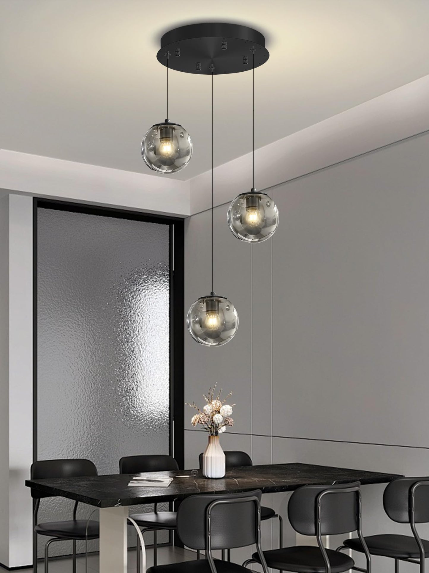 Ykolupty 3-Light Black Pendant Light Fixtures Modern Smoke Gray Glass Globe Pendant Lights Kitchen Island Adjustable Hanging Lights Globe Stairwell Lighting Black Chandelier For Dining Room