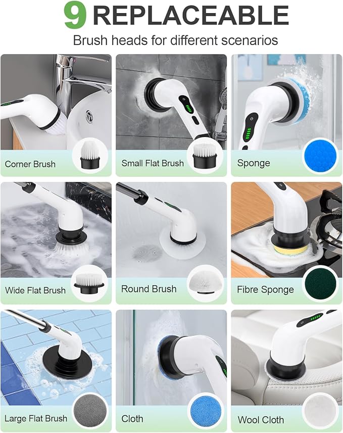 Electric Spin Scrubber, Cordless Cleaning Brush, Shower Scrubber with 9 Floor Machine Pads, 2H Power Dual Speed, Adjustable Extension Handle, IPX7 Waterproof for Floor Carpet Tub Tile Car, O-White.