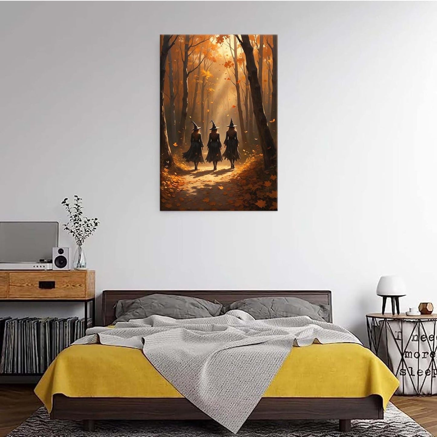 Three witches walking in the forest in autumn canvas painting gothic poster halloween print country witch wall art for home decoration24x36in Wood Framed