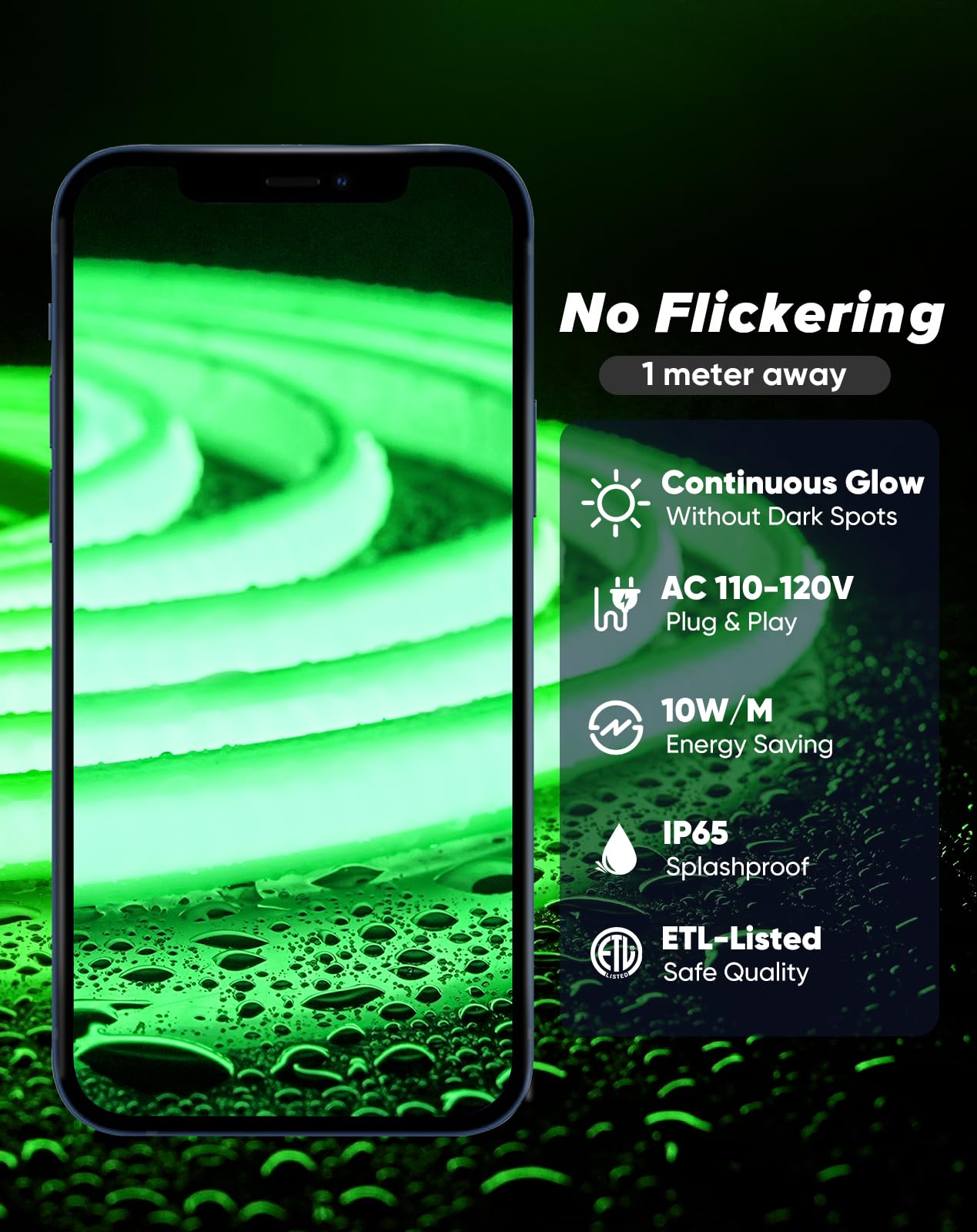 Shine Decor Cob Led Rope Light Ac 120V  800Lm Ultra Bright  Ip65 Waterproof Cold-Resistant Etl Neon Strip  No Driver Tape Lighting For Home Commercial 10X4.5Mm  Green  32.8Ft