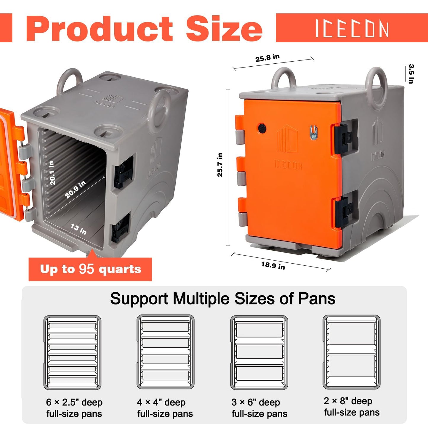 ICECON Front Loading Insulated Food Pan Carrier,95 Quart Hot Box for Catering,Hot Box Food Warmer for 6 Full-Size Pans,LLDPE Stackable Insulated Food Container with Wheels for Restaurant Canteen
