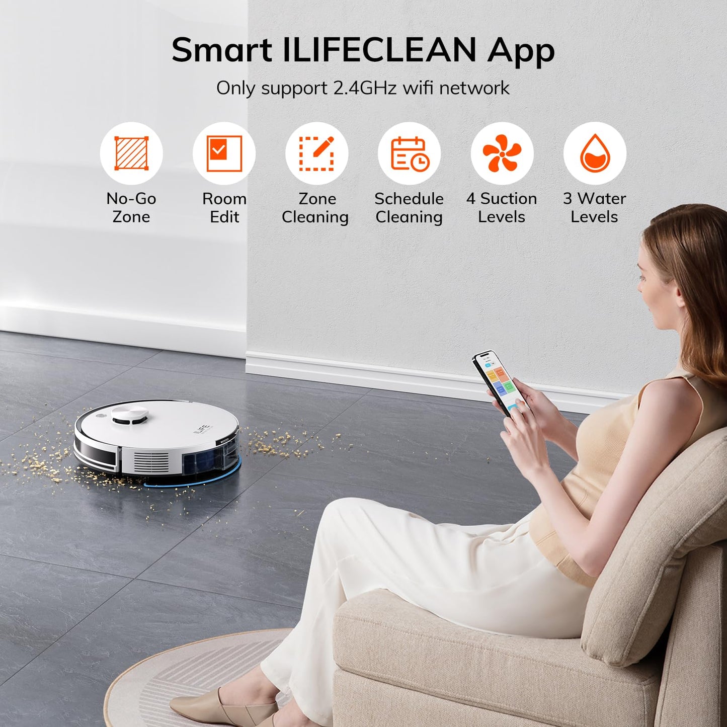 ILIFE A30 Pro Robot Vacuum & Mop, 5000Pa Suction, LiDAR Navigation, Self-Emptying, 2.4G WiFi, Ideal for Hard Floors & Medium-P