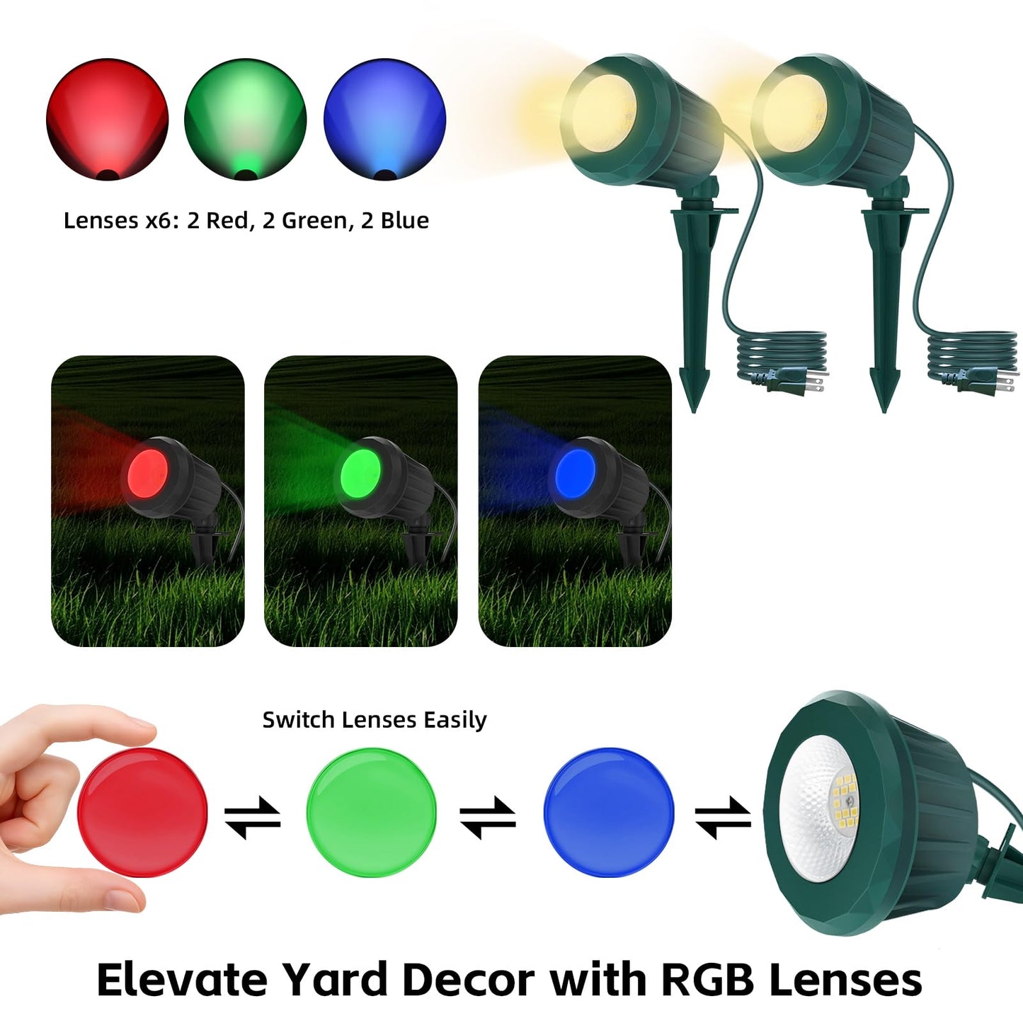 Holeva Spotlight Outdoor – 120V Plug-in, 2700K Warm White LED Landscape Spot Lights with RGB 3 Lenses for Yard, Garden, Lawn&Tree Decor, IP67 Waterproof, Perfect for Holidays&Everyday (2 Pack, Green)