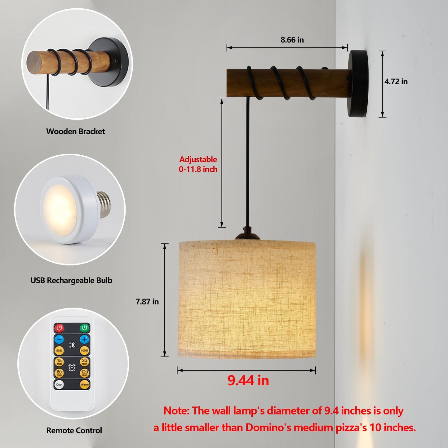 XSDeTu Rechargeable Wall Sconces Set of 2, Dimmable 3 Colors, Wooden Arm, 9.4 Inch, Battery Operated, Modern Design