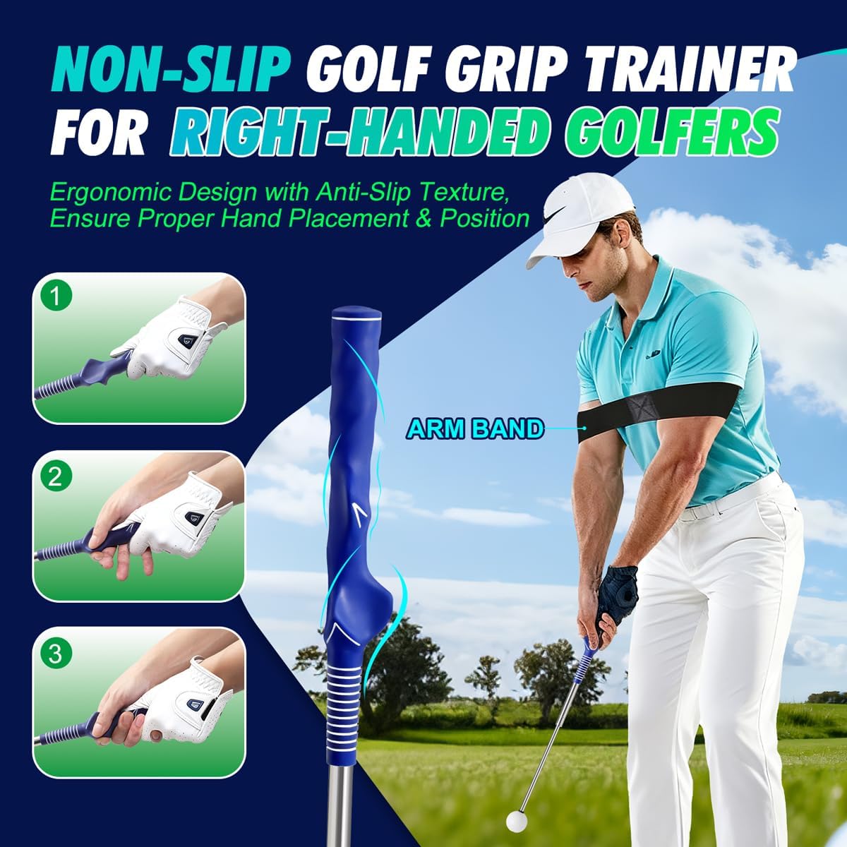 Retractable Golf Swing Training Aid, Right-Handed Golf Swing Trainer with Click Feedback, Tempo Stick Golf to Improve Strength & Tempo with Arm Band, Ideal for Beginners, Indoor & Outdoor Use