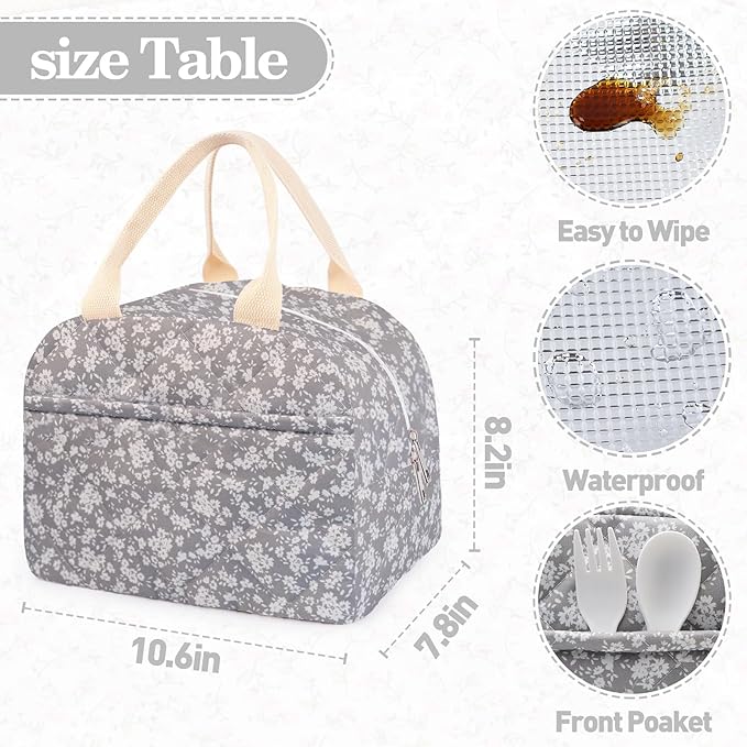 Cotton Quilted Insulated Lunch Bag, Cute Quilted Floral Lunch Tote Bags Reusable Insulated Lunch Box Coquette Aesthetic Large Capacity Insulated Cooler for Women Work Travel Picnic (Grey)