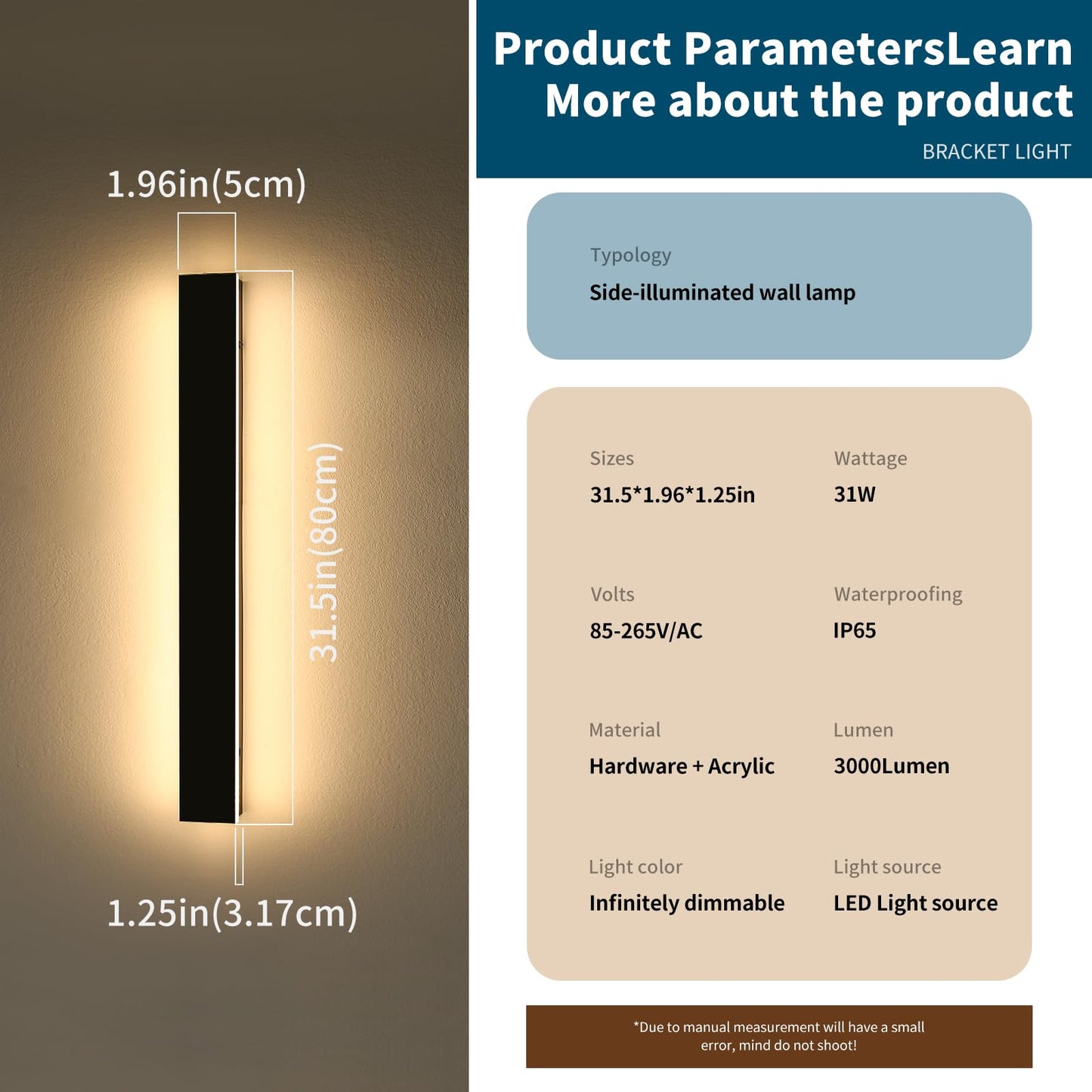 Daoseolo Outdoor Wall Lights, Modern Linear Sconce, Dimmable 3000K-6000K, 31.4inch, Black, IP65 Waterproof, Remote Control, Model CB