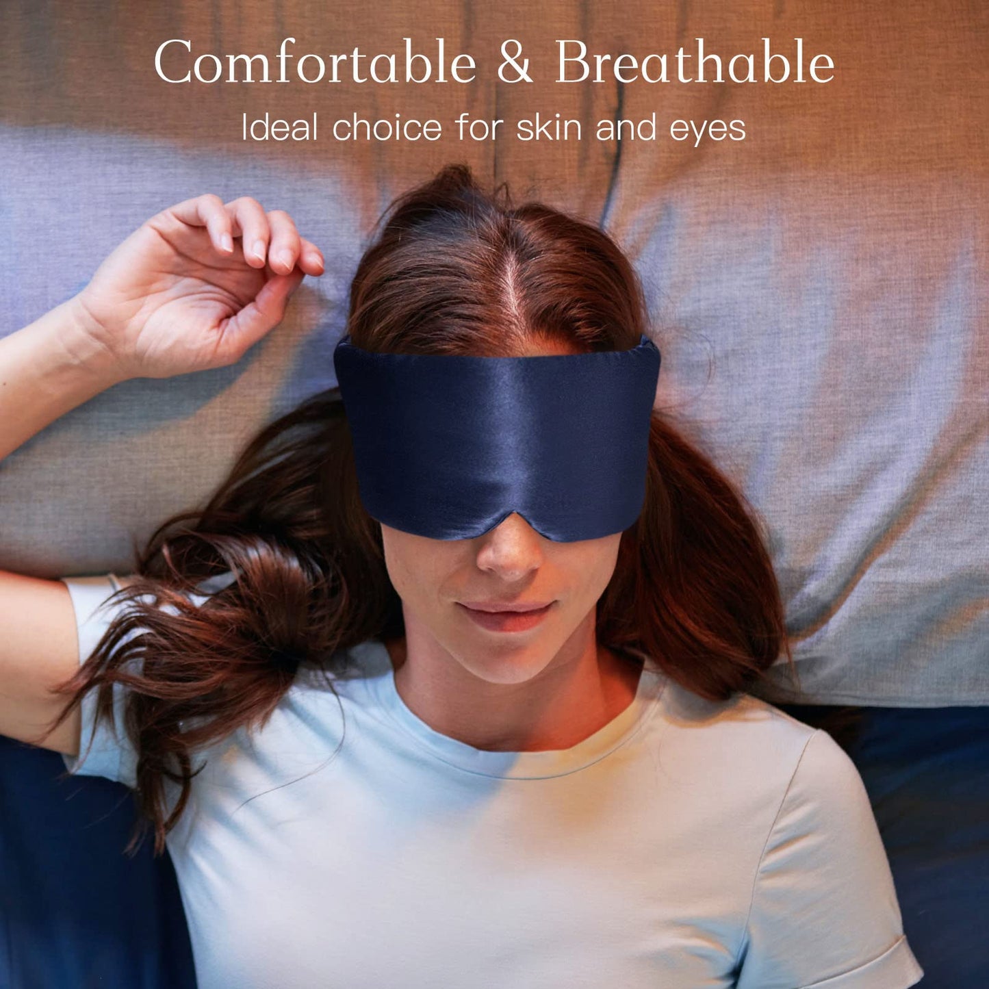 iCooBreeze 100% Natural Silk Eye Mask for Women Men, Soft Pressureless Cooling Blackout Eye Covers for Sleeping, Large Size Sleep Mask fits All Heads Adjustable, 1PC, Navy Blue