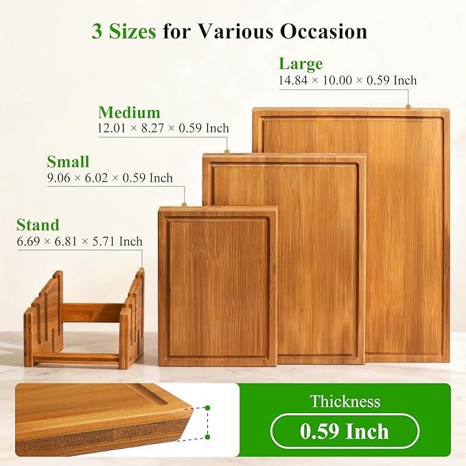 Bamboo Cutting Board Set with Stand, 3PCS Double-Sided Chopping Boards for Kitchen Meal Prep & Serving, Charcuterie, Juice Grooves & Side Handle, Ideal for Meat, Vegetables, Kitchen Essentials