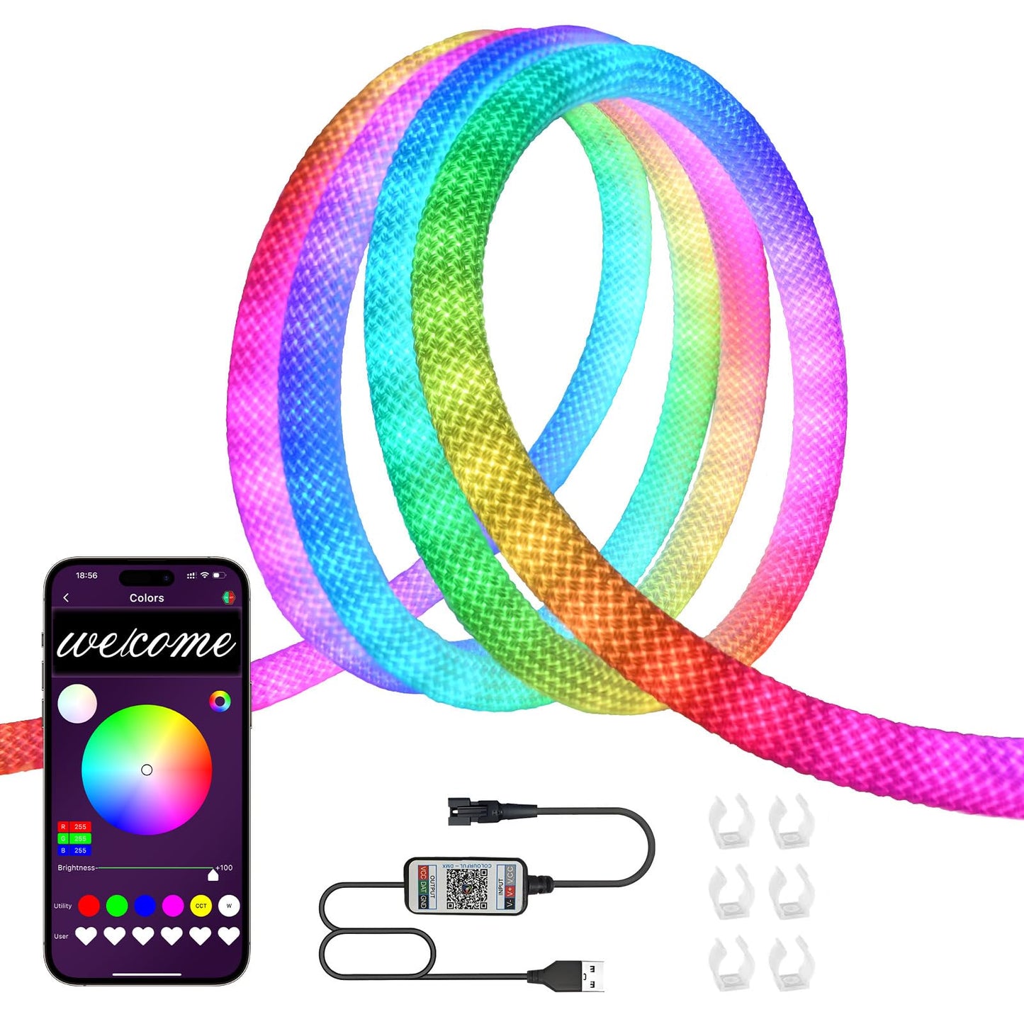 MALIIGAZA LED Rope Lights, 9.84ft RGB Neon Strip, 5V USB, IP67 Waterproof, Music Sync, Remote APP Control, White