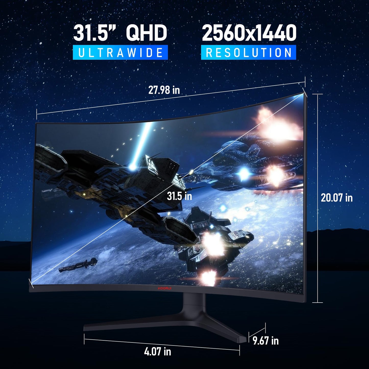 KOORUI 32 inch Curved Gaming Monitor - QHD (2560 x 1440) 2K Display, 170Hz 144Hz Monitor, 1500R Curvature, 1ms, HDR10, Adaptive Sync, Tilt Adjustable, DisplayPort HDMI, Black - 32E6QC