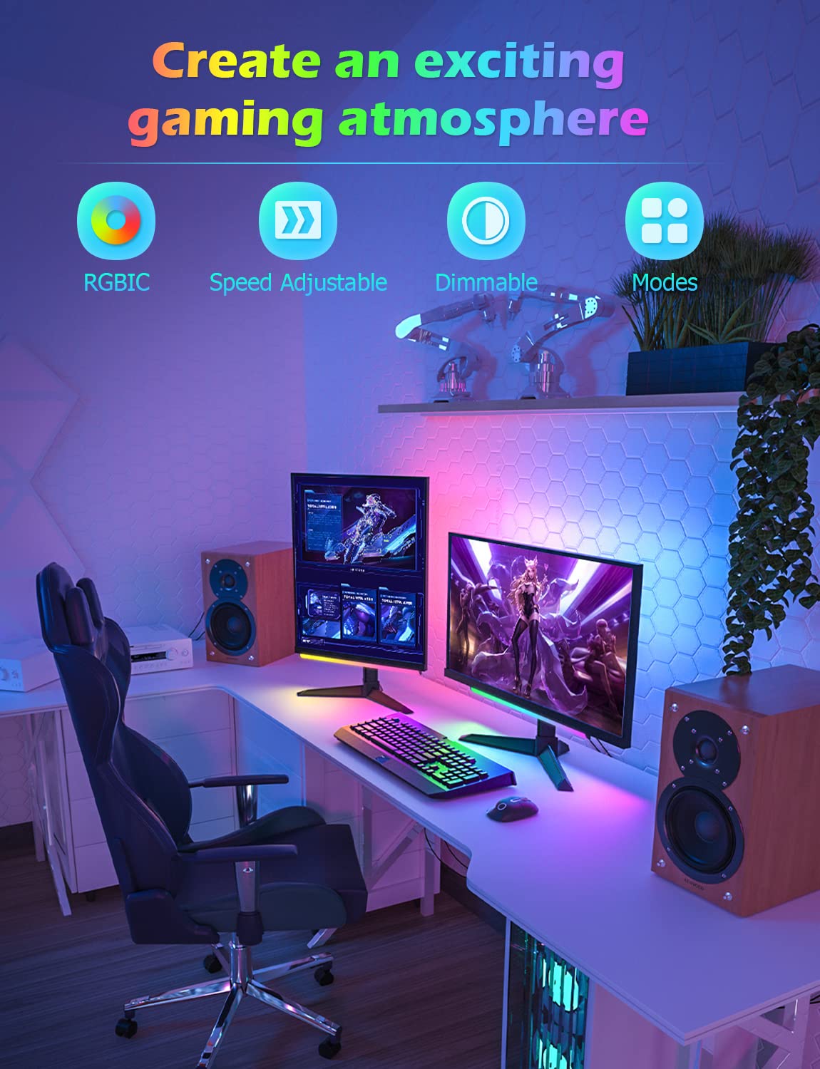 Ferswe RGBIC Gaming Light Bar, Dimmable, Speed Adjustable, Model F-UK005, Double Gaming Lights