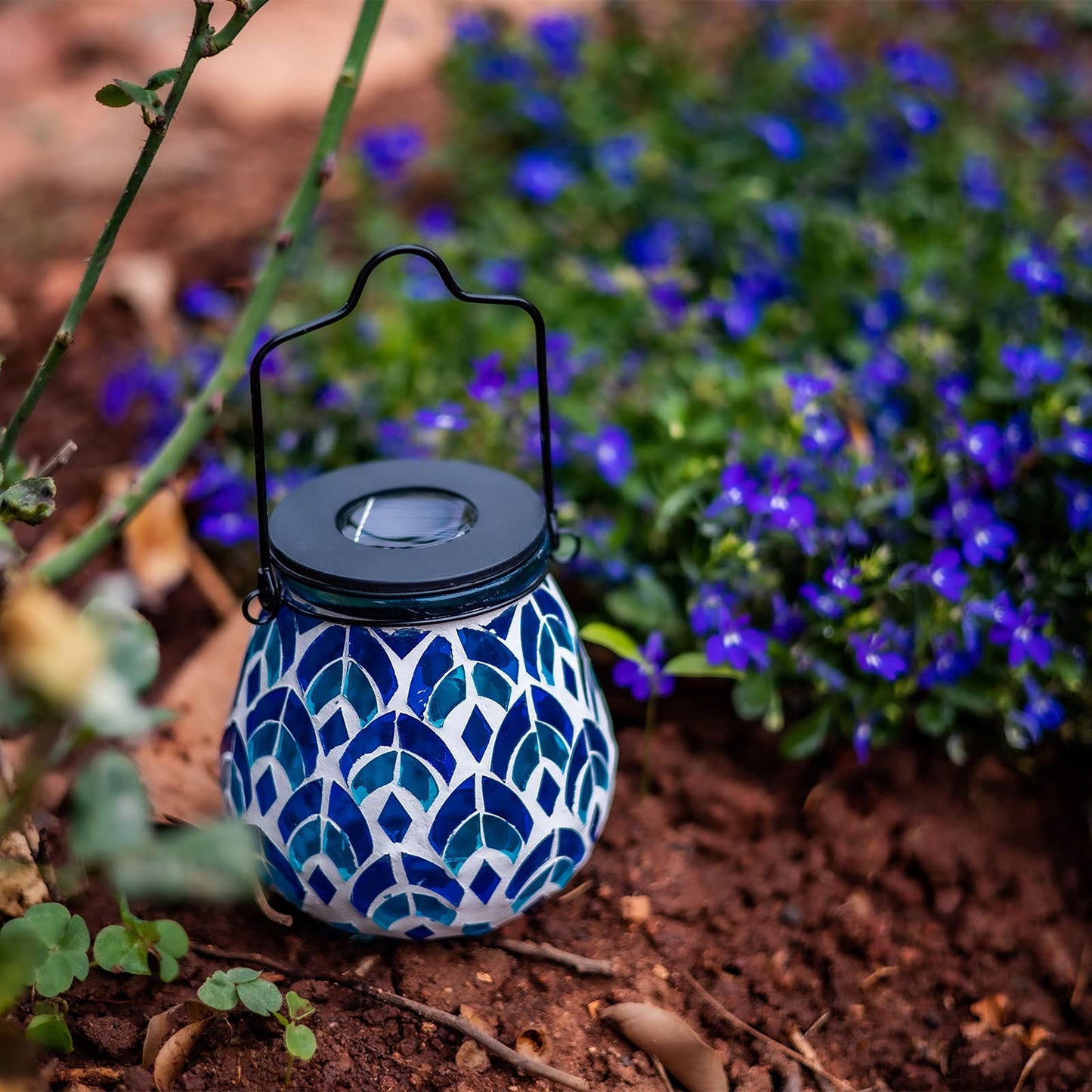 Afirst Mosaic Solar Lantern - Glass Hanging Lights, Waterproof, Blue, Model US-4400620-BL, For Garden & Patio Decoration, 1 Pack