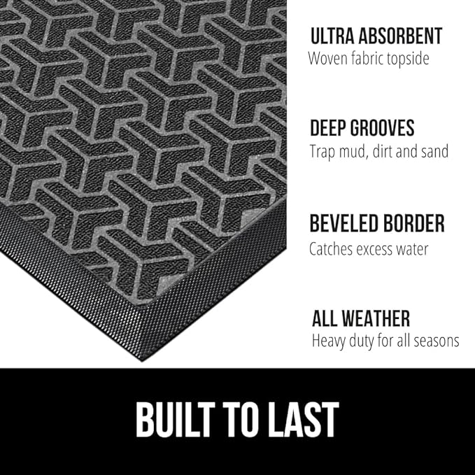 GORILLA GRIP 100% Waterproof All-Season WeatherMax Doormat, 23x35, Durable Natural Rubber, Stain and Fade Resistant, Low Profile, Indoor Outdoor Door Mats, Easy Clean Patio Entry Mat, Slate Geometric