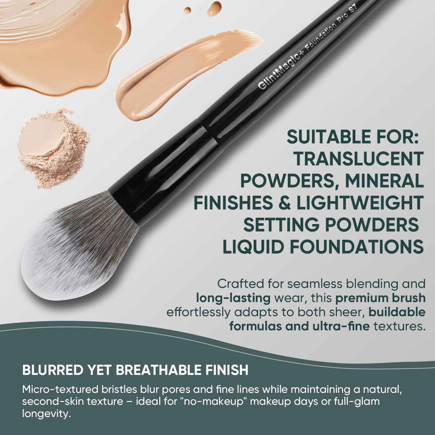 GlintMagic+ Professional Powder Brush for Loose/Pressed Powder, Tapered Setting Powder Brush, Ultra-Soft Bristles Use for Blush