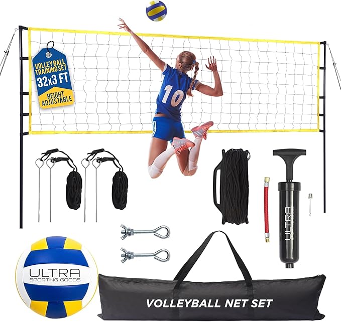 Volleyball Net Outdoor - Includes 32x3 Feet Regulation Size Net, 8.5-Inch PU Volleyball, Carrying Bag, Boundary Lines, Ste...