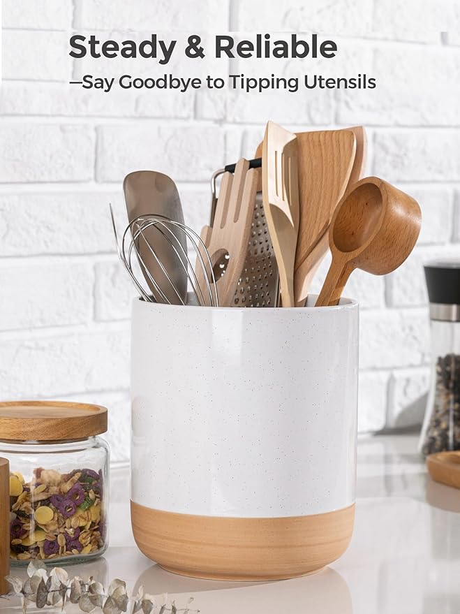 AmorArc Ceramic Utensil Holder, 7.25"+5.4" Cooking Utensil Crock for Countertop, Kitchen Countertop Organizer with Rustic Terracotta Underside for Spatula, Set of 2