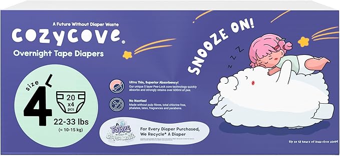 Cozycove Size 4 Diapers, Snooze On Slim Overnight Tape Diapers, Size 4 (22-33 lbs), 80 Count (4 Packs of 20)