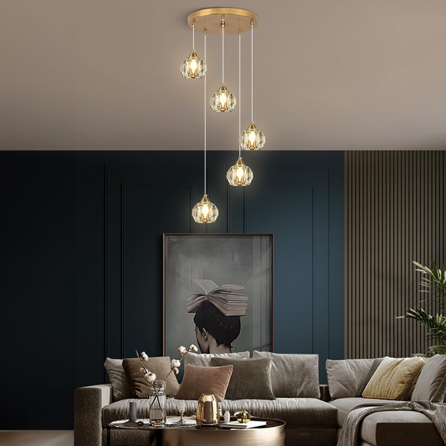 Weesalife 5-Light Crystal Chandelier, Gold Brass Pendant Light Fixture, Model A8817 for Dining Room, Kitchen, Living Room