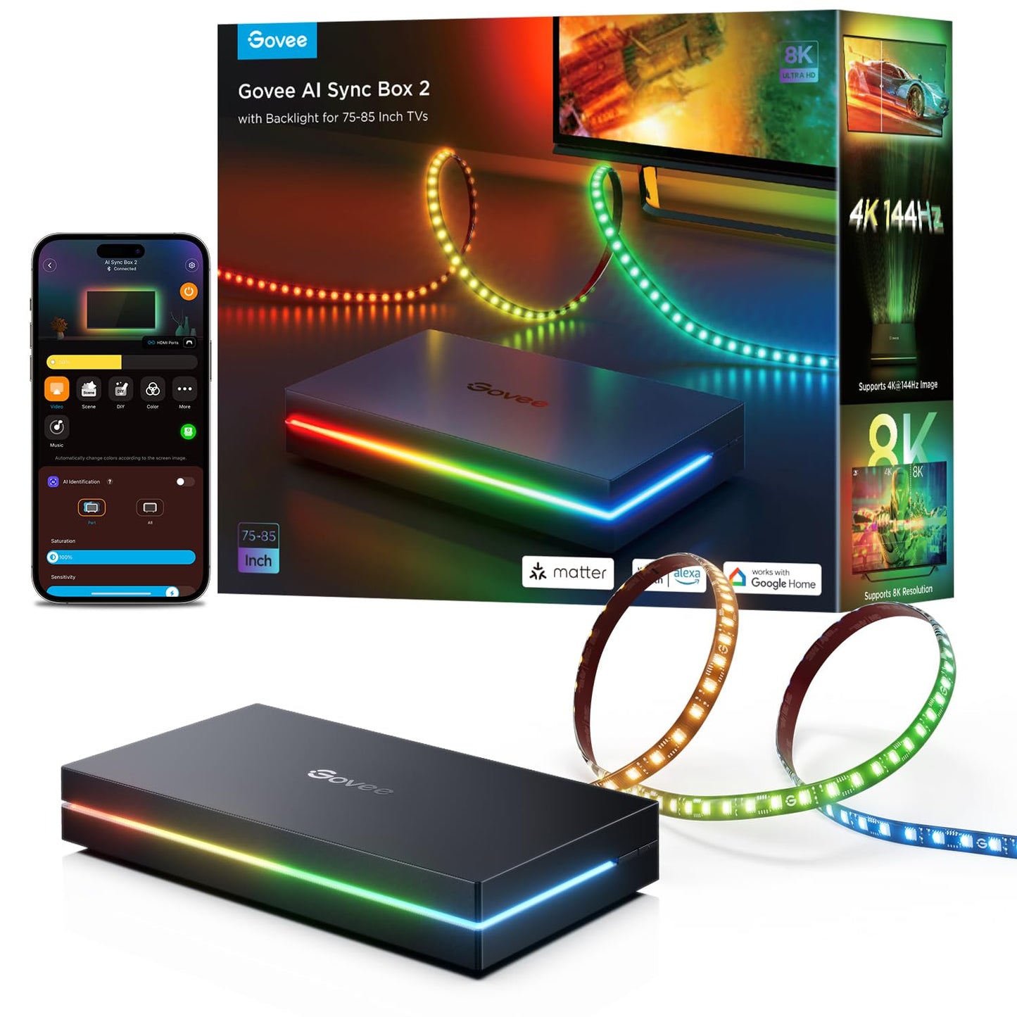 Govee HDMI 2.1 Sync Box 2, AI Sync Box with TV Backlight, Supports 8K@60Hz, 4K@144Hz, VRR and ALLM, Works with SmartThings, Matter and Alexa, RGBIC LED Light Strip for 75-85 inch TVs, 75 LEDs/m