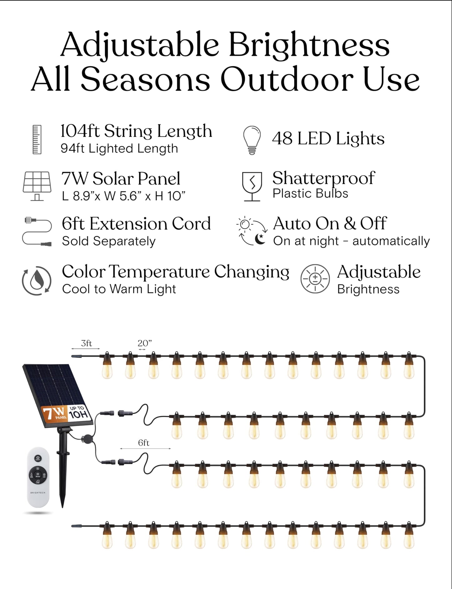 Brightech 104 (52X2) Ft Ambience Pro Solar Powered Outdoor Led String Lights - Waterproof Remote Control Lights - 48 Bulbs  7W Solar Powered Color Changing White Light For Camping  Patio  Garden