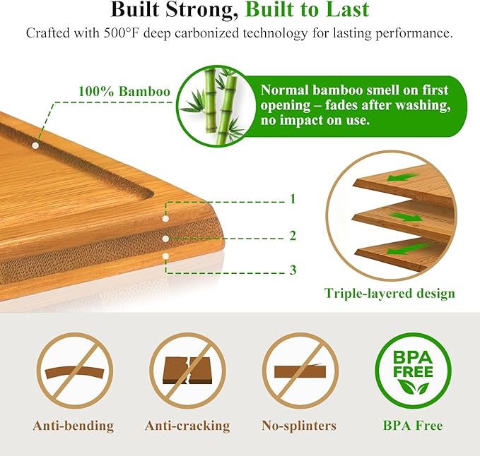 Bamboo Cutting Board Set with Stand, 3PCS Double-Sided Chopping Boards for Kitchen Meal Prep & Serving, Charcuterie, Juice Grooves & Side Handle, Ideal for Meat, Vegetables, Kitchen Essentials