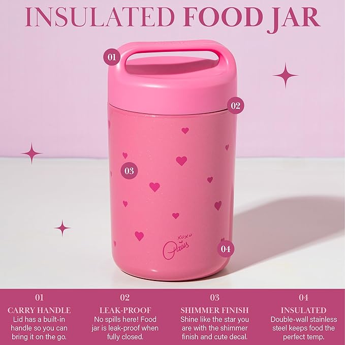 Paris Hilton Stainless Steel Food Jar, Double Wall Vacuum Sealed Insulated Food Storage Container with Carry Handle Lid, 16-Ounce, Pink with Heart Design (Pack of 4)