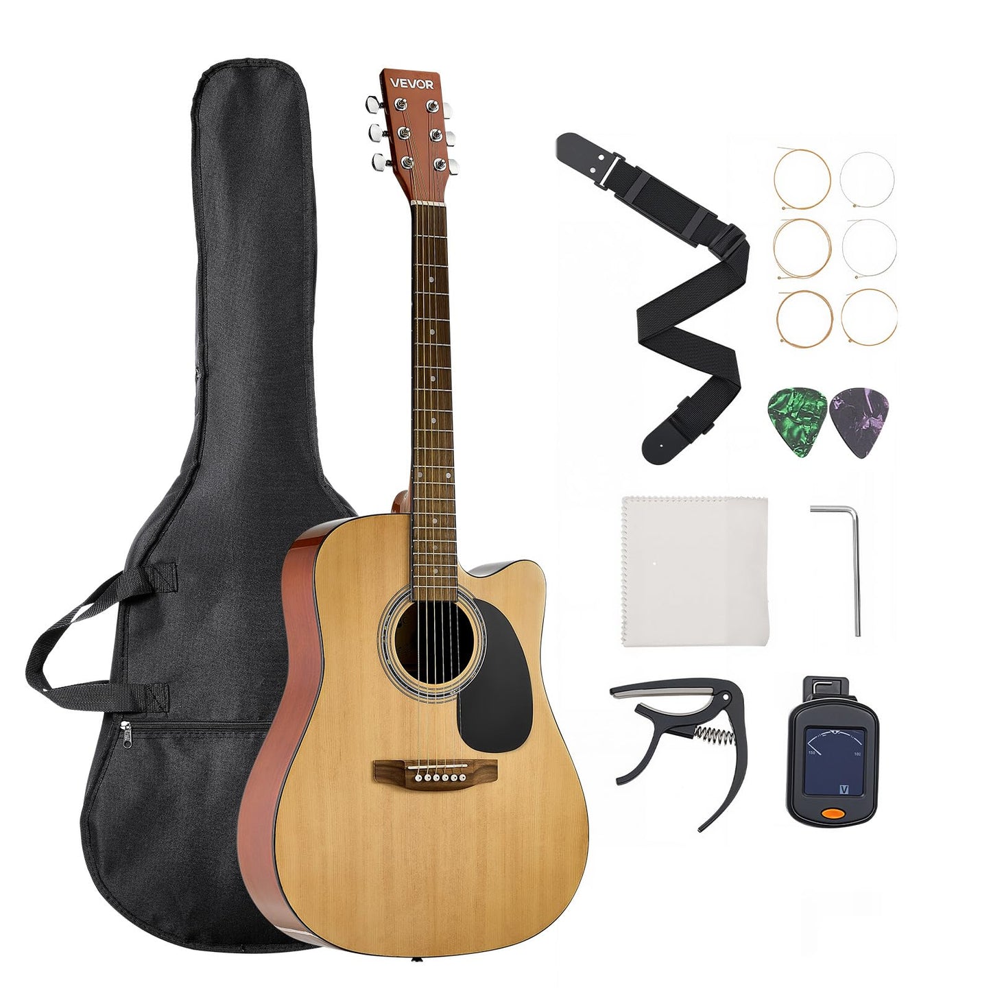 Vevor Cutway Acoustic Guitar, 41 In, 6-String, Natural Solid Spruce Top Guitar, Beginner Bundle With Gig Bag, Tuner, Strap, Stee