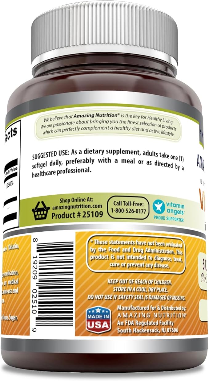 Amazing Formulas  Vitamin D3 with Olive Oil  5000  IU Softgels Supplement | Non-GMO | Gluten Free | Made in USA (180 Count)