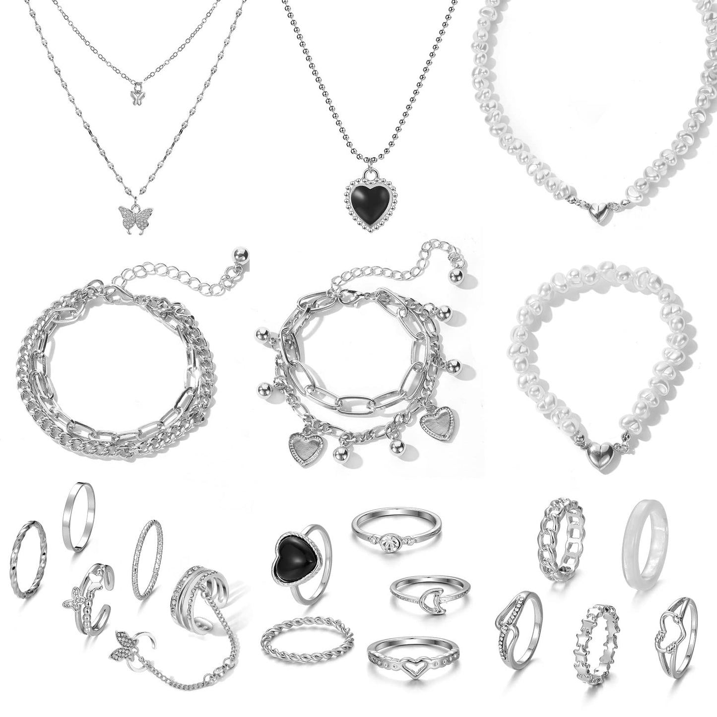 IFKM 21 PC Silver Plated Jewelry Set with 3 Necklace, 3 Bracelet, 15 Knuckle Rings for Women - Valentine, Anniversary, Birthday, Friendship - Cute Fashion Gifts