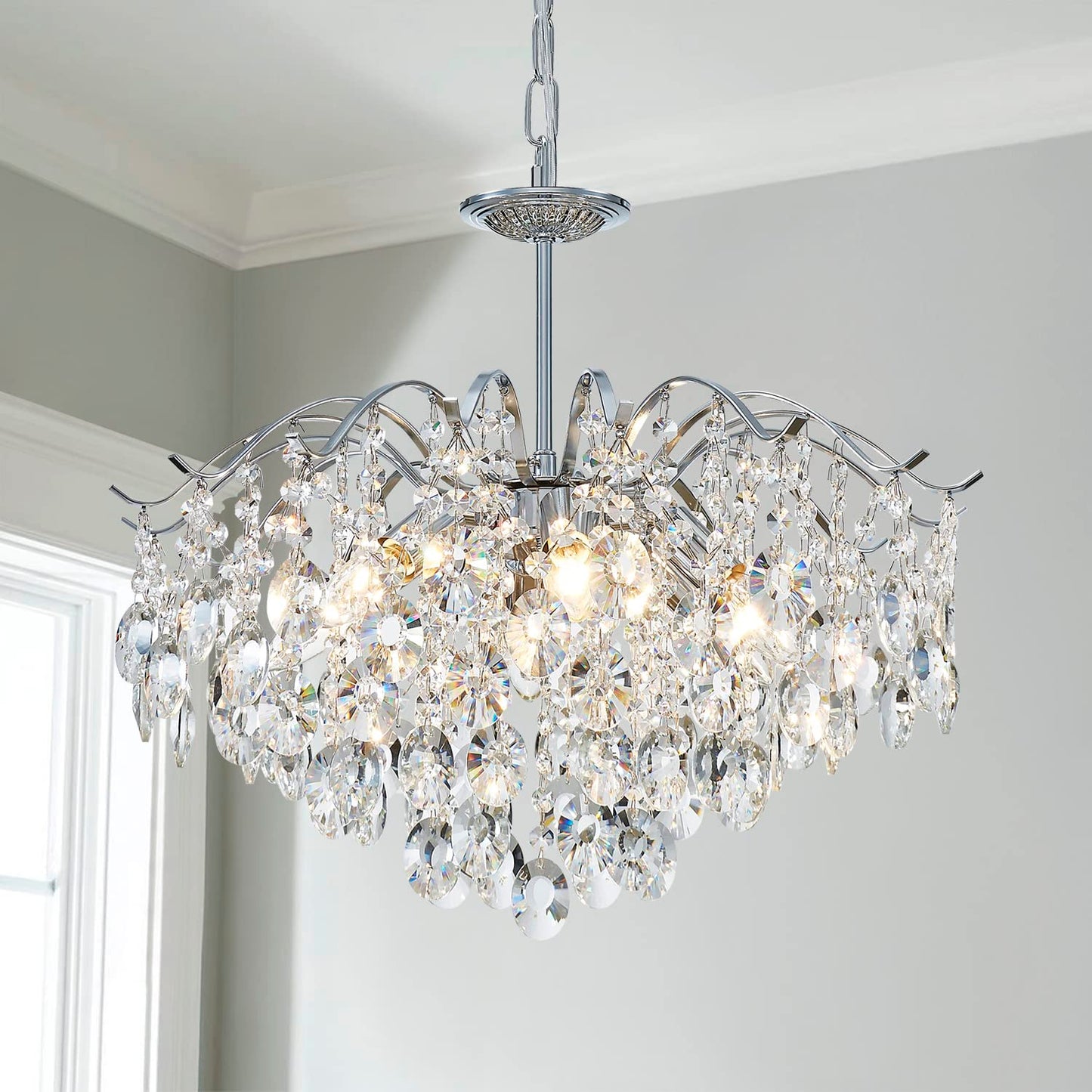 SM Saint Mossi Modern K9 Crystal Chandelier, 6-Lights, D20 x H17, Chrome Finish, Model 22027, Adjustable Chains