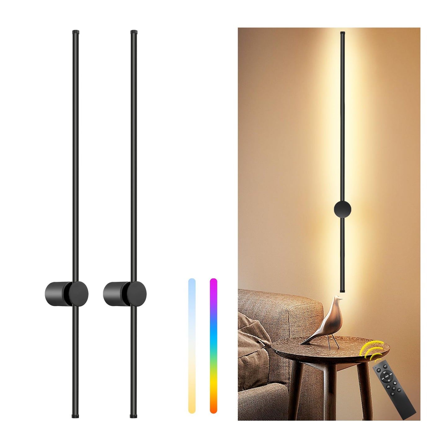 Goodate 39.4 Inch Battery Operated Wall Sconces Set, Dimmable Led, Remote Control, 12000Mah, Black, 2Pack, Model Dc-Cgz