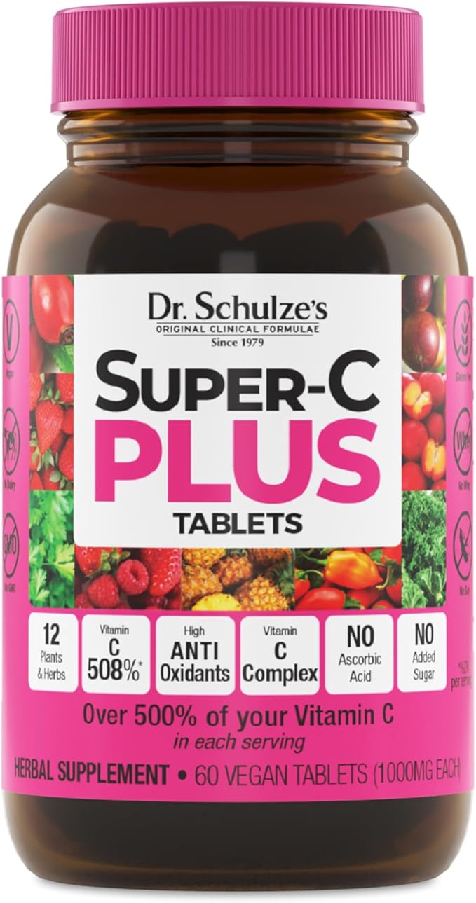 Dr. Schulze's | Super-C Plus | Vitamin C Complex | Clinical Herbal Formula | Dietary Supplement | Immunity Support | Increase Collagen Formation & Iron Absorption | 60 Chewable Tablets (1000 mg)