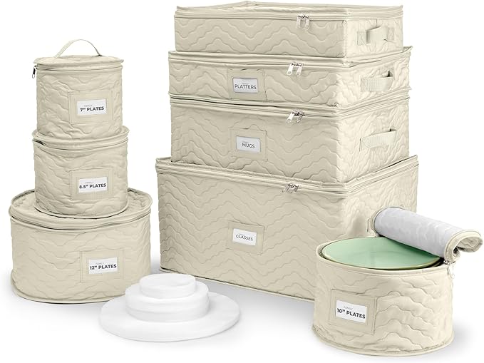 Sorbus China Storage Containers (Quilted) - Glass & Dish Storage Containers for Transport, Moving, Party - 8 Pc Stackable Plate Storage Set for Dinnerware, Mugs, Cups - Felt Plate Protectors Included