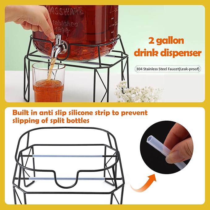 2 Gallon Drink Dispensers with Stand, Glass Beverage Dispenser with Stainless Steel Spigot and Bamboo Lid,Lemonade Dispenser,Glass Drink Dispensers for Parties, Weddings