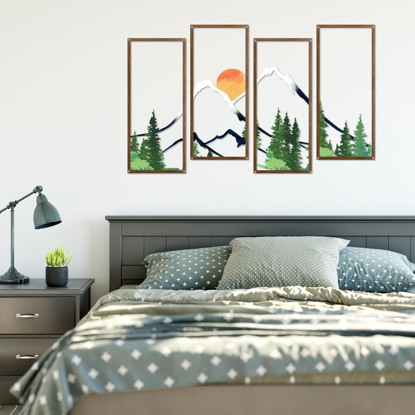 ruelen 4 Pcs Metal Sunset Mountain Forest Wall Decor, Abstract Minimalist Line Drawing Large Colorful Mountains Wall Art Home Decor for Living Room Bathroom Bedroom Office Indoor And Outdoor (Large)