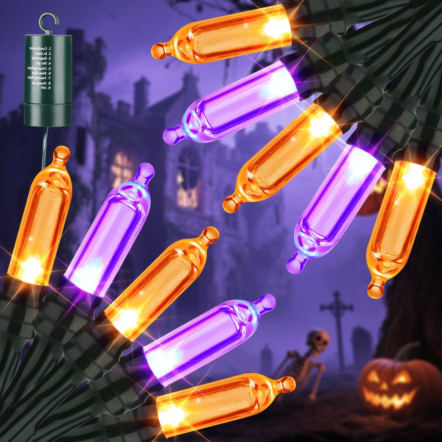 Lyhope Orange Purple Halloween Lights Indoor  2 Pack Total 66Ft 200 Led Battery Halloween Light With 8 Mode  Timer  Waterproof Battery Operated String Lights For Home Tree Wreaths Party Holiday Decor