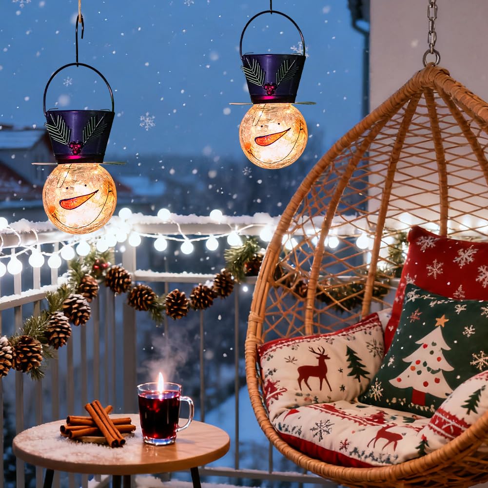 Starsoul 2 Pack Snowman Solar Lanterns  Christmas Outdoor Hanging Lantern Waterproof Decorative Snowman Lights Decor For Garden  Patio  Yard  Porch  Xmas Holiday Party Decor (Small Leaves)