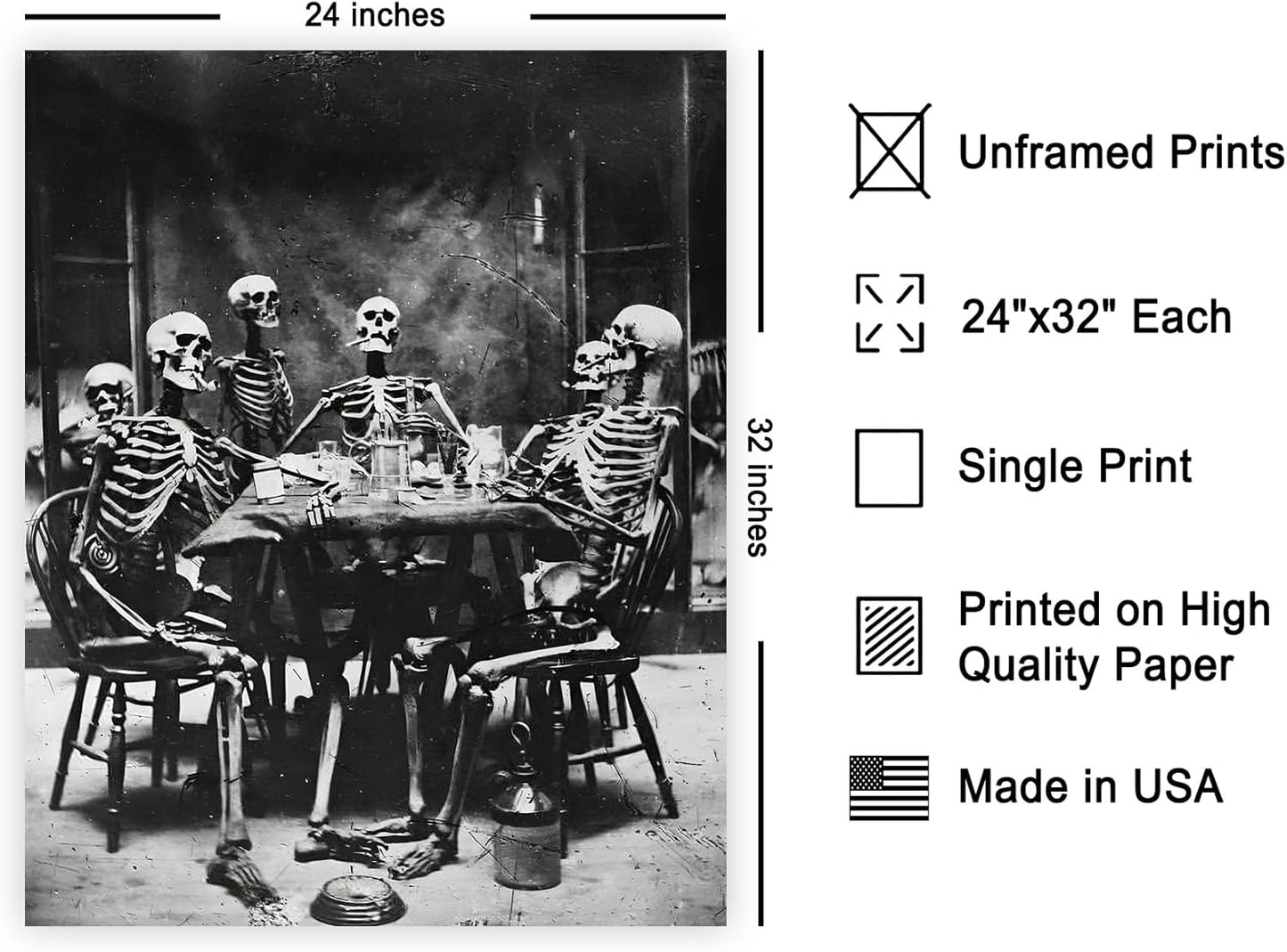 Poster Master Vintage Photograph Poster - Retro Daguerreotype Print - Gift for Artist, Friend - Skeletons Smoking at Table, Dinner Party, Goth - Wall Decor for Home, Dorm, 24x32 Unframed Wall Art