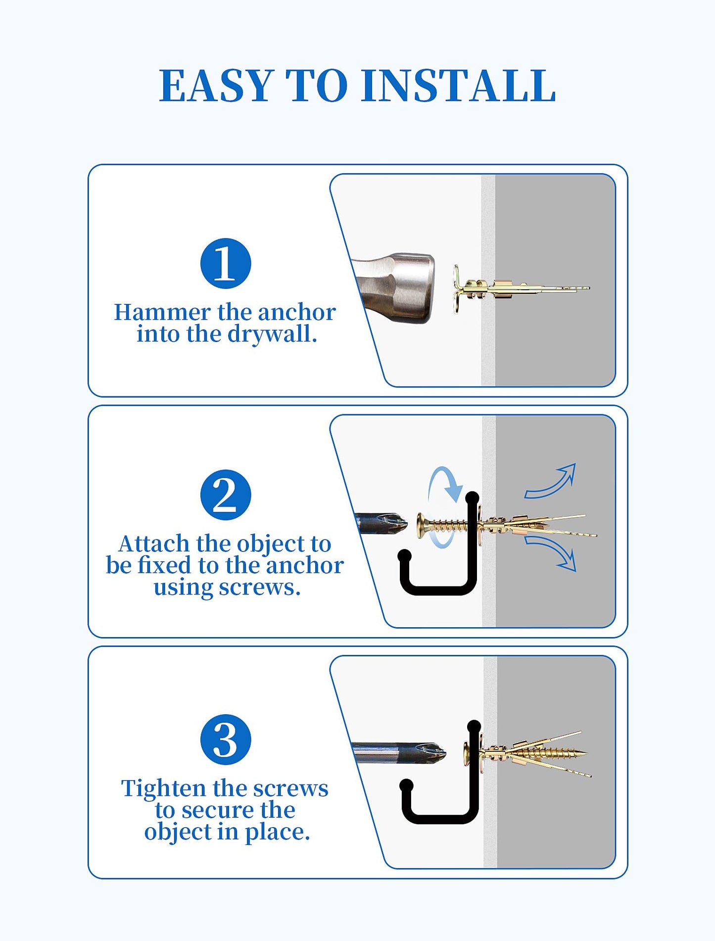 FEAOXYO Upgraded 100 Pcs Self Drilling Drywall Anchors with Screws Kit, Zinc Plated Steel Sheetrock Anchors and Screws, No Drill Needed, Holds 66LB for TV, Shelf, Decor, Picture Frame Wall Mounting