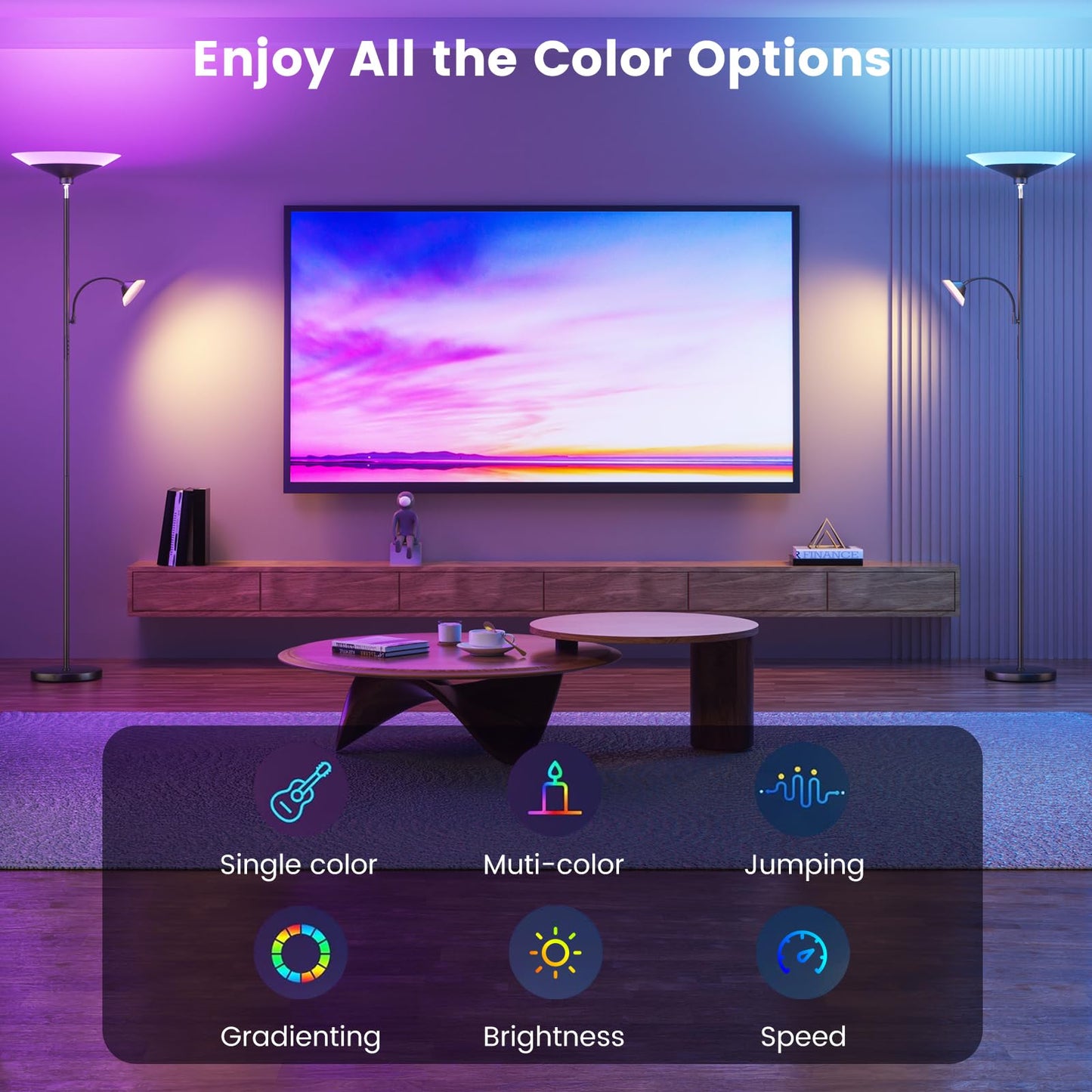 SIBRILLE RGB Torchiere Floor Lamp - 2 Way Dimmable LED, 34W, 72in  Tall, Metal, Black with RGB, Model MF30021.3
