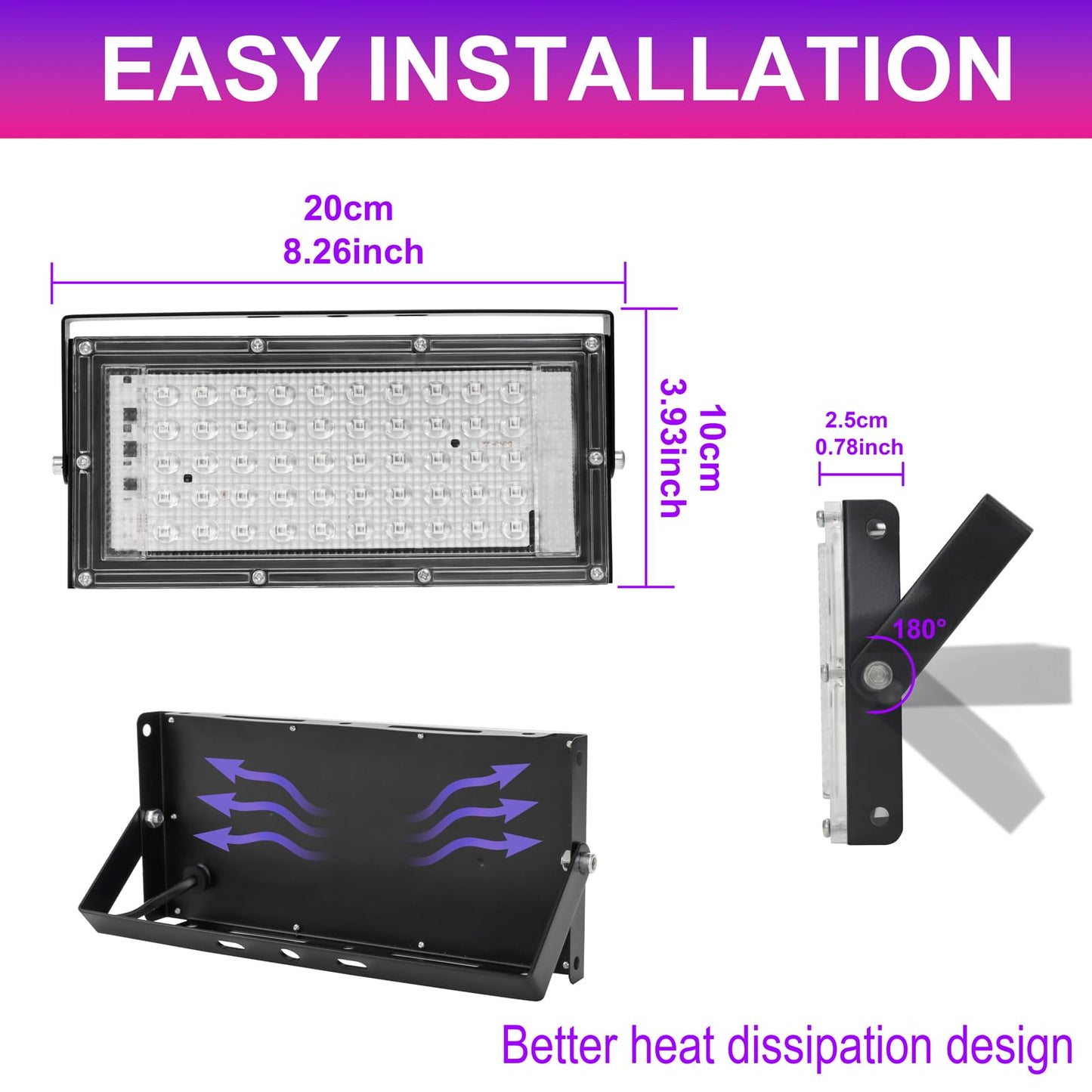 Waygor 50W LED Black Lights, IP65 Waterproof UV Floodlight, 395nm, Purple, Model WG-UV50-4P, 4 Pack