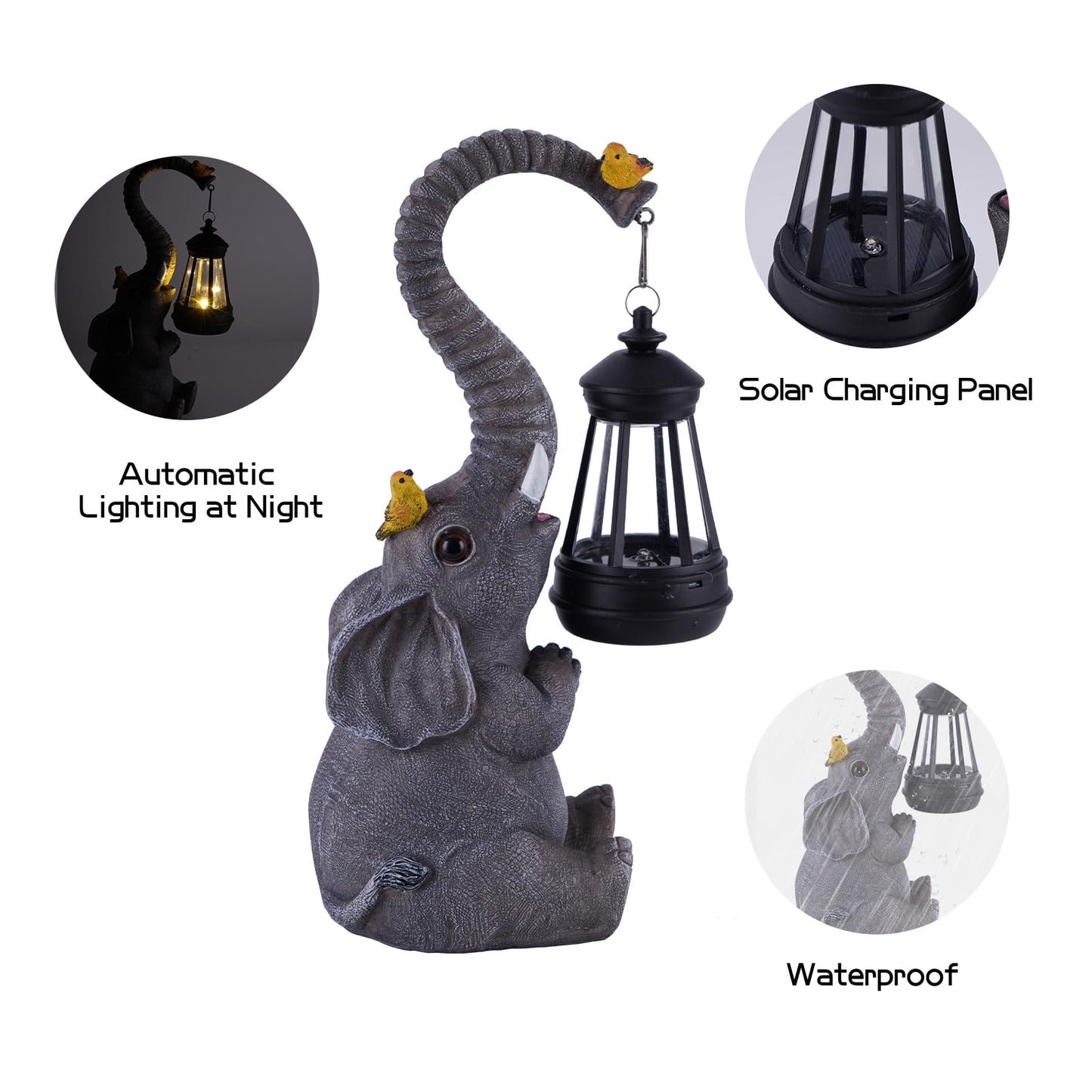 ILLUMINEW Solar Outdoor Garden Decor Elephant Statues Lights, Lucky Elephant Unique Mom Birthday Gifts for Mom, Housewarming Gifts and Yard Decoration, Cute Birds Garden Sculpture Decor