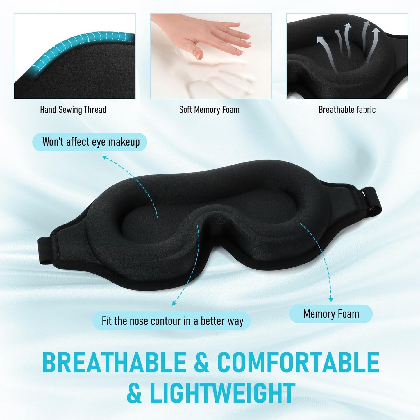 FlyCoco Blackout Eye Mask for Sleeping, 3D Contoured Cup No Pressure Sleep Mask with Adjustable Strap, Ultra-Thin Sides Breathable Lightweight Soft Eye Cover for Men Women Home Travel Airplane Party